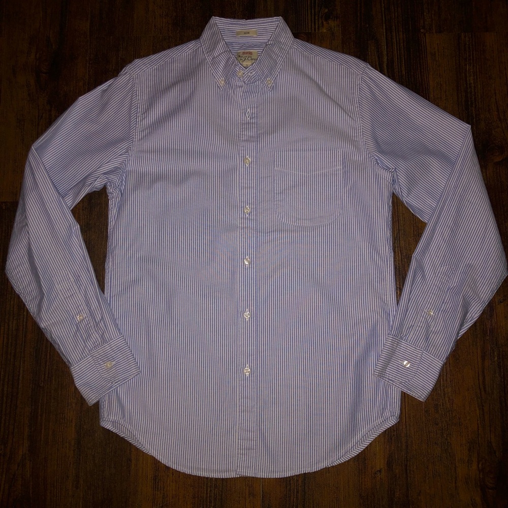 J Crew Slim Fit Cotton Oxford Blue And White Stripe Small NWOT